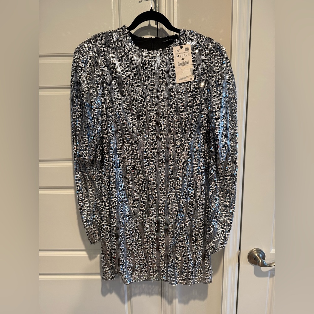 Zara Shimmering Silver Sequin Dress